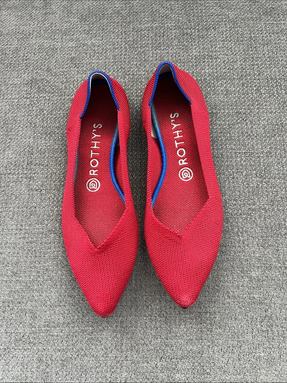 Rothy's Red Pointed Knit Flats with Blue Trim